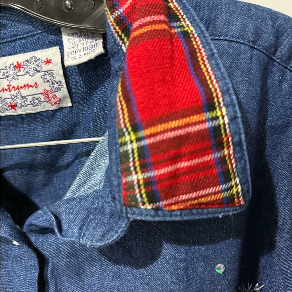 VTG 90s Tantrums Christmas Snowmen Embroidered Denim Flannel Button Down XL T - Picture 9 of 9